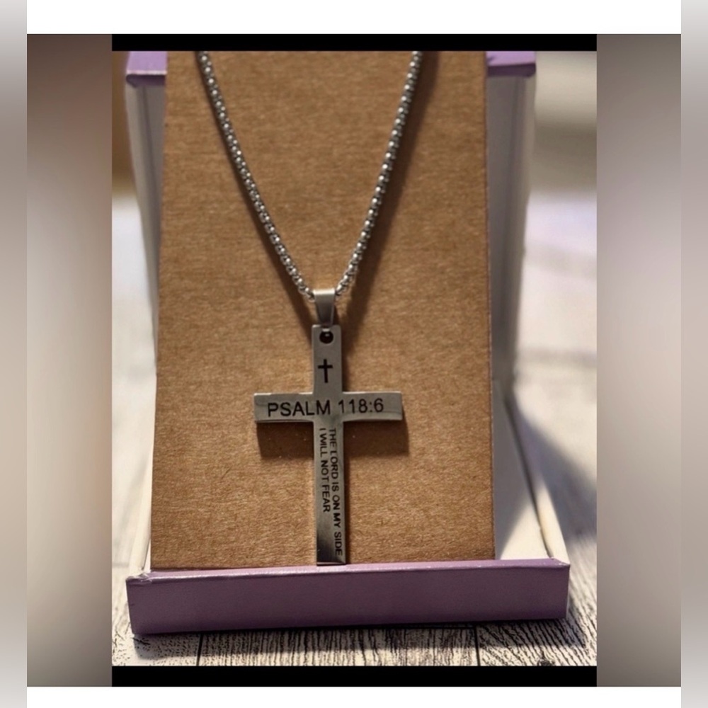 Stainless Steel Silver Cross Necklace with Psalm 118:6 Engraving